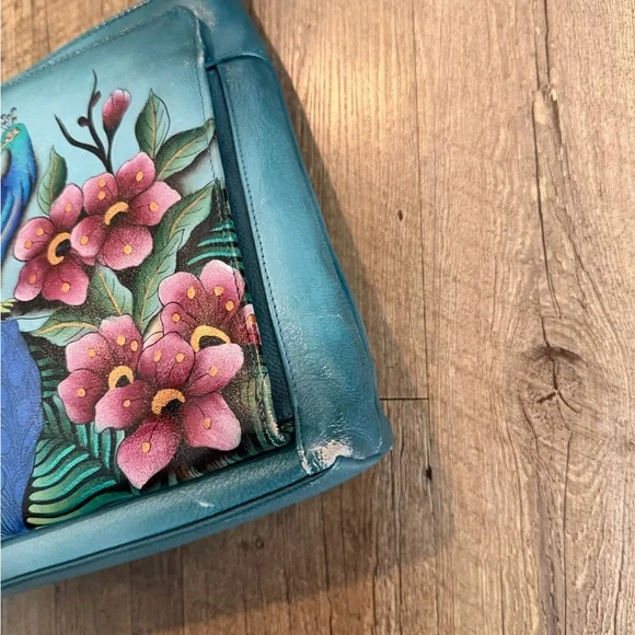 Anuschka Peacock Hand-Painted Blue Floral Crossbody Bag - Picture 5 of 15